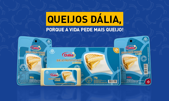 Arte gráfica. Mostra as embalagens azuis de 4 tipos e formatos de queijo.
